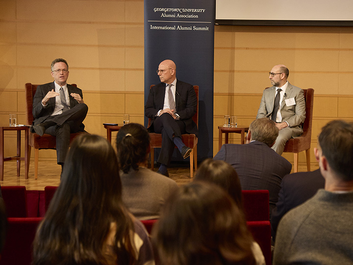 Thomas Banchoff speaking during a panel discussion with Joel Hellman and Joshua Teitelbaum at the International Alumni Summit in Tokyo