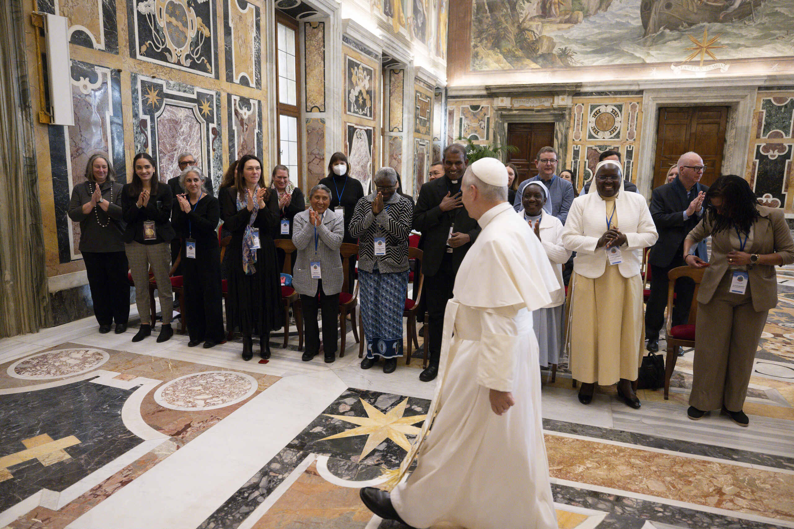 Pope Leo XIV greets members of the "From Crisis to Care: Catholic Action for Children" initiative at the Vatican on February 5, 2026. Photo credit: © Vatican Media.