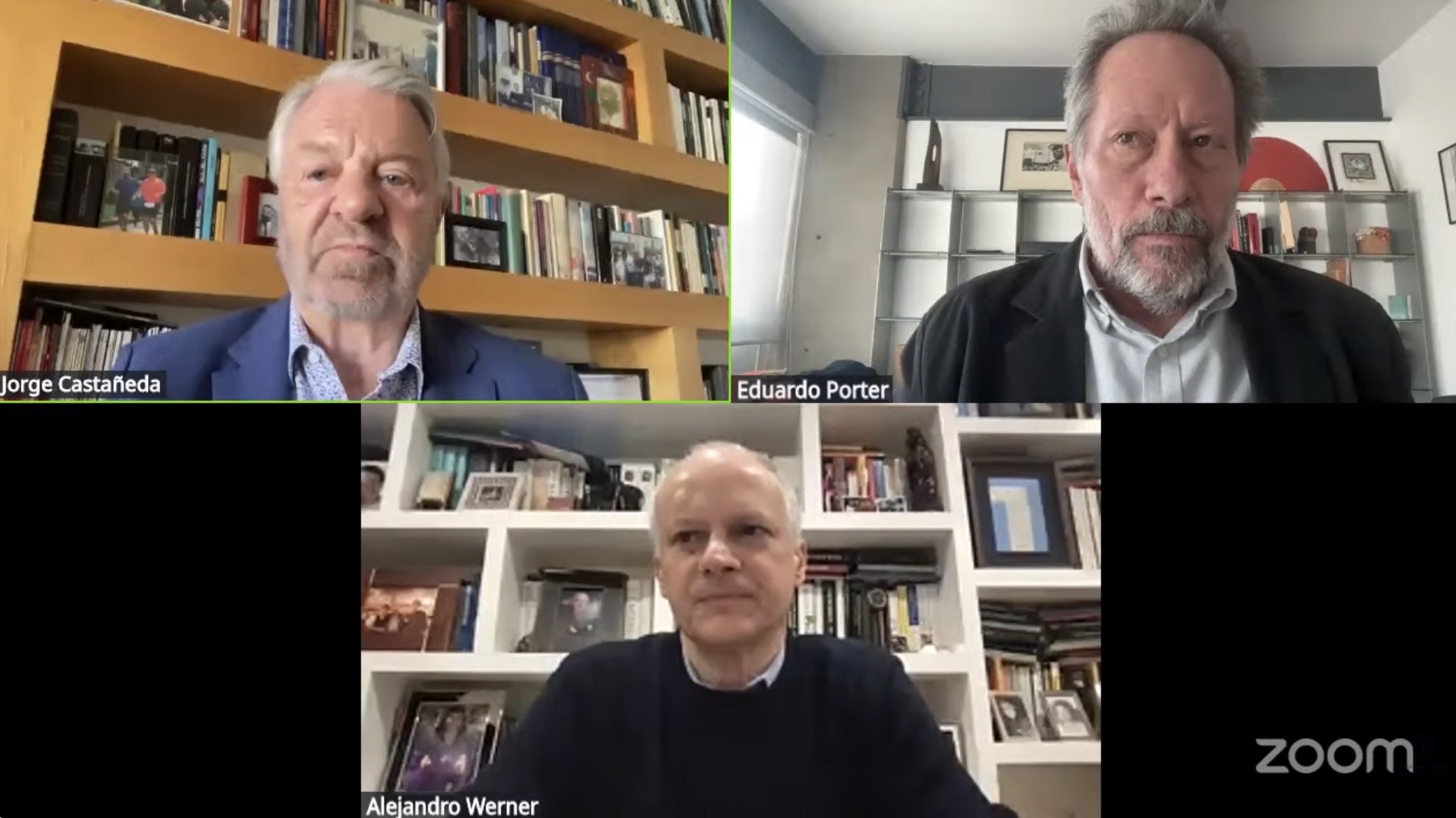 Captura de pantalla del seminario virtual con Eduardo Porter, Jorge Castañeda y Alejandro Werner