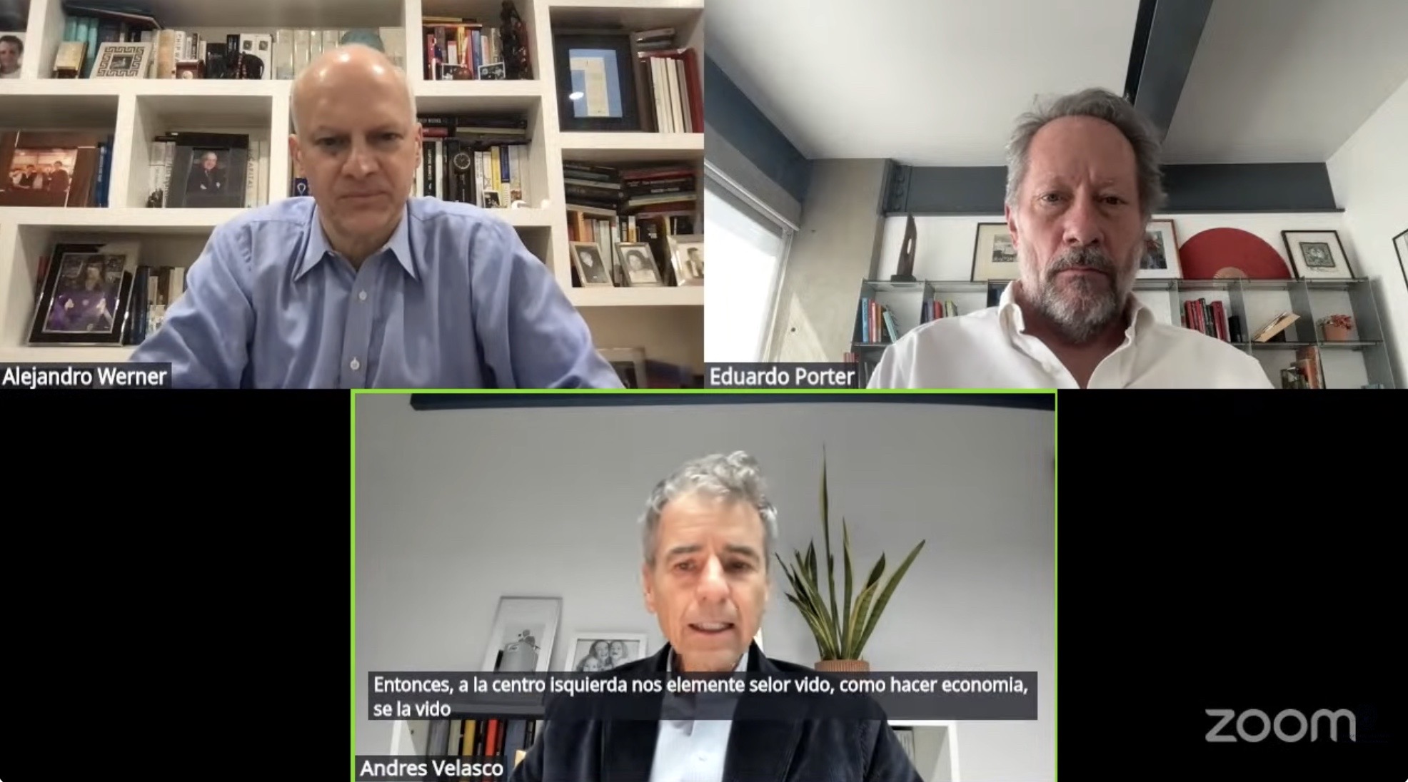 Captura de pantalla del seminario virtual con Eduardo Porter, Andrés Velasco and Alejandro Werner