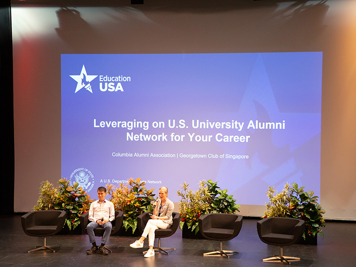 Renée Gallant speaking at an EducationUSA fair