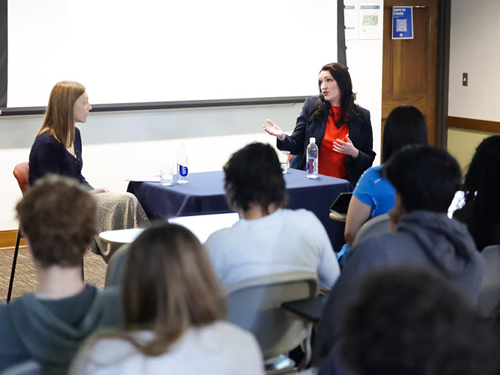 Deputy First Minister of Northern Ireland Emma Little-Pengelly visiting Professor Darragh Gannon's class in spring 2025