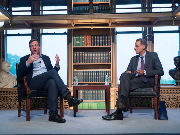 Senator Mark Warner (D-VA) and Ambassador Richard Verma discuss the future of the U.S.-India partnership at the inaugural India Ideas Conference at Georgetown.