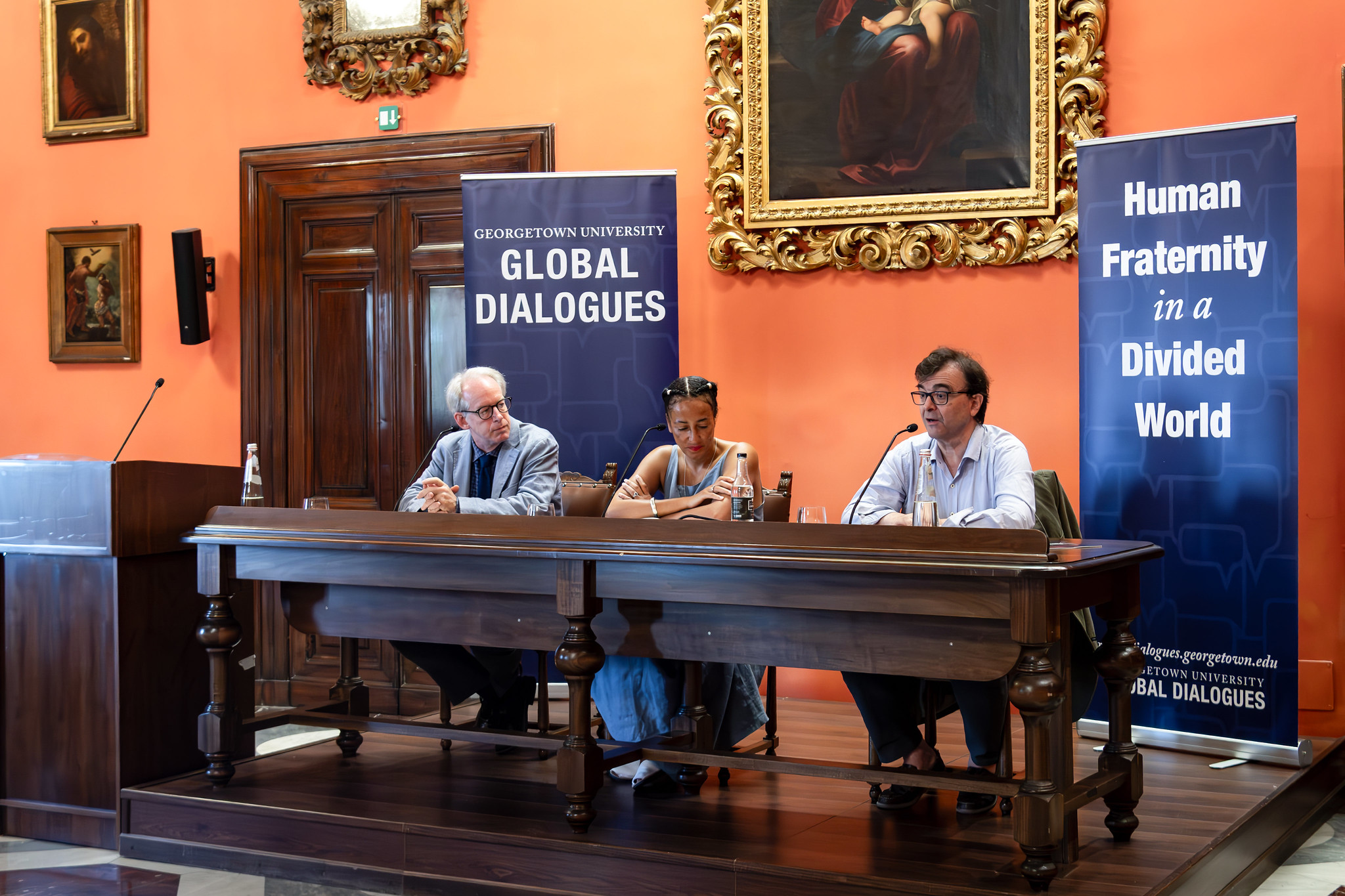 Paul Elie, Zadie Smith, and Javier Cercas together on a panel for "The Diminished Dialogue between Faith and Literature."