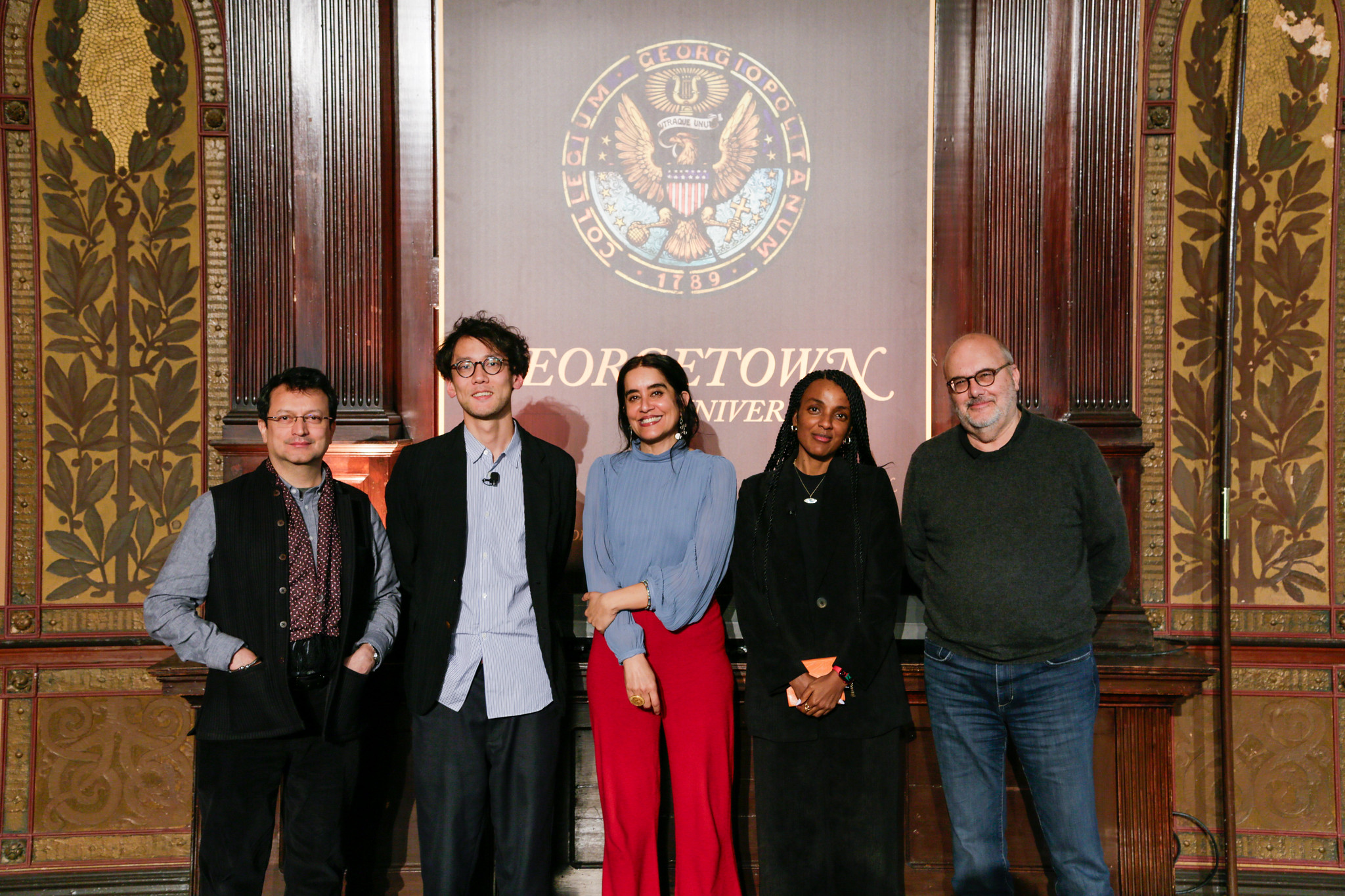 Ranjit Hoskote, Kohei Saito, Nermeen Shaikh, Nesrine Malik, and Branko Milanovic stand together after their panel on "Global Inequality as a Complex Social Challenge."
