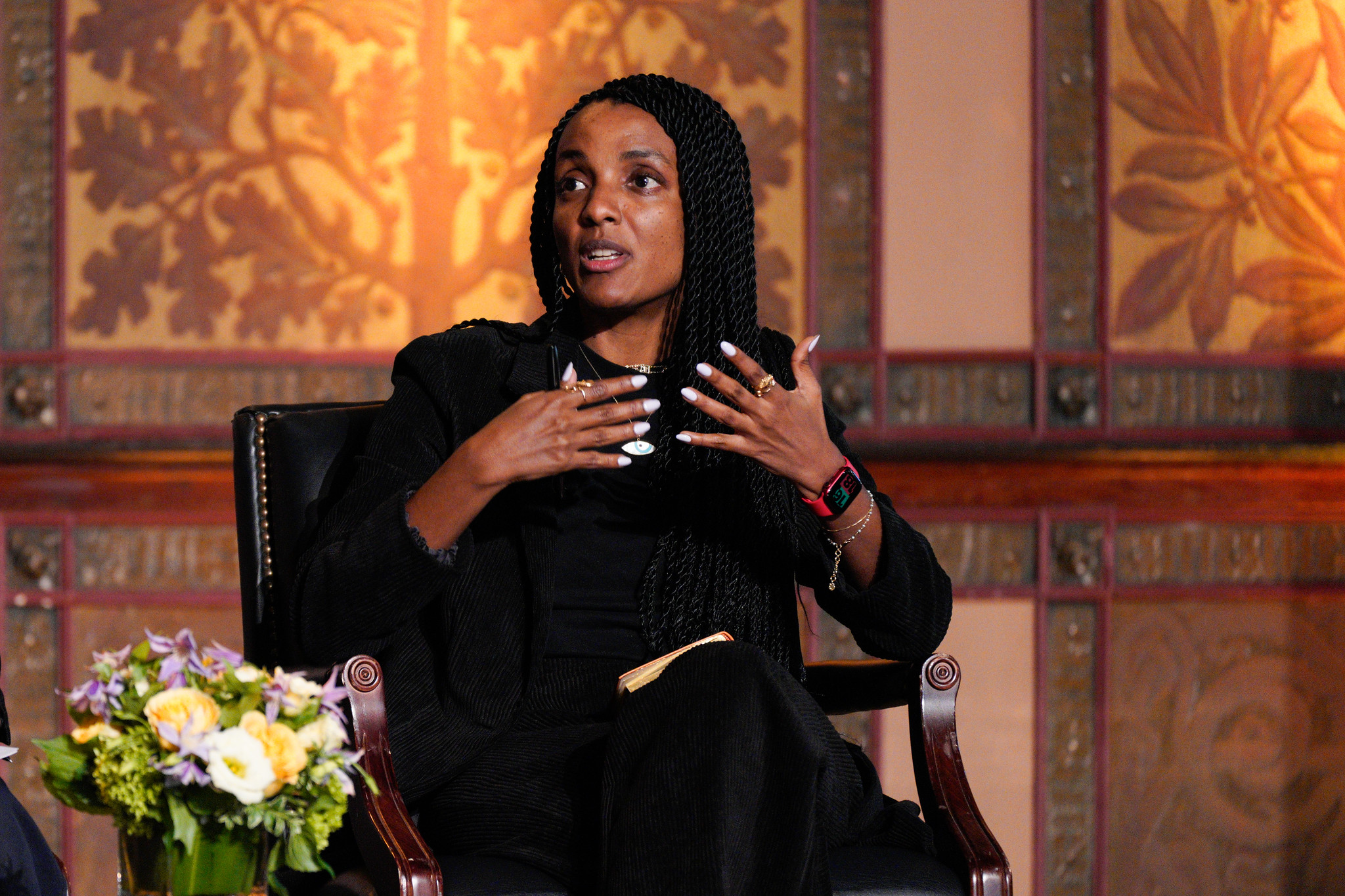 Nesrine Malik addresses the audience during a GGD panel event.