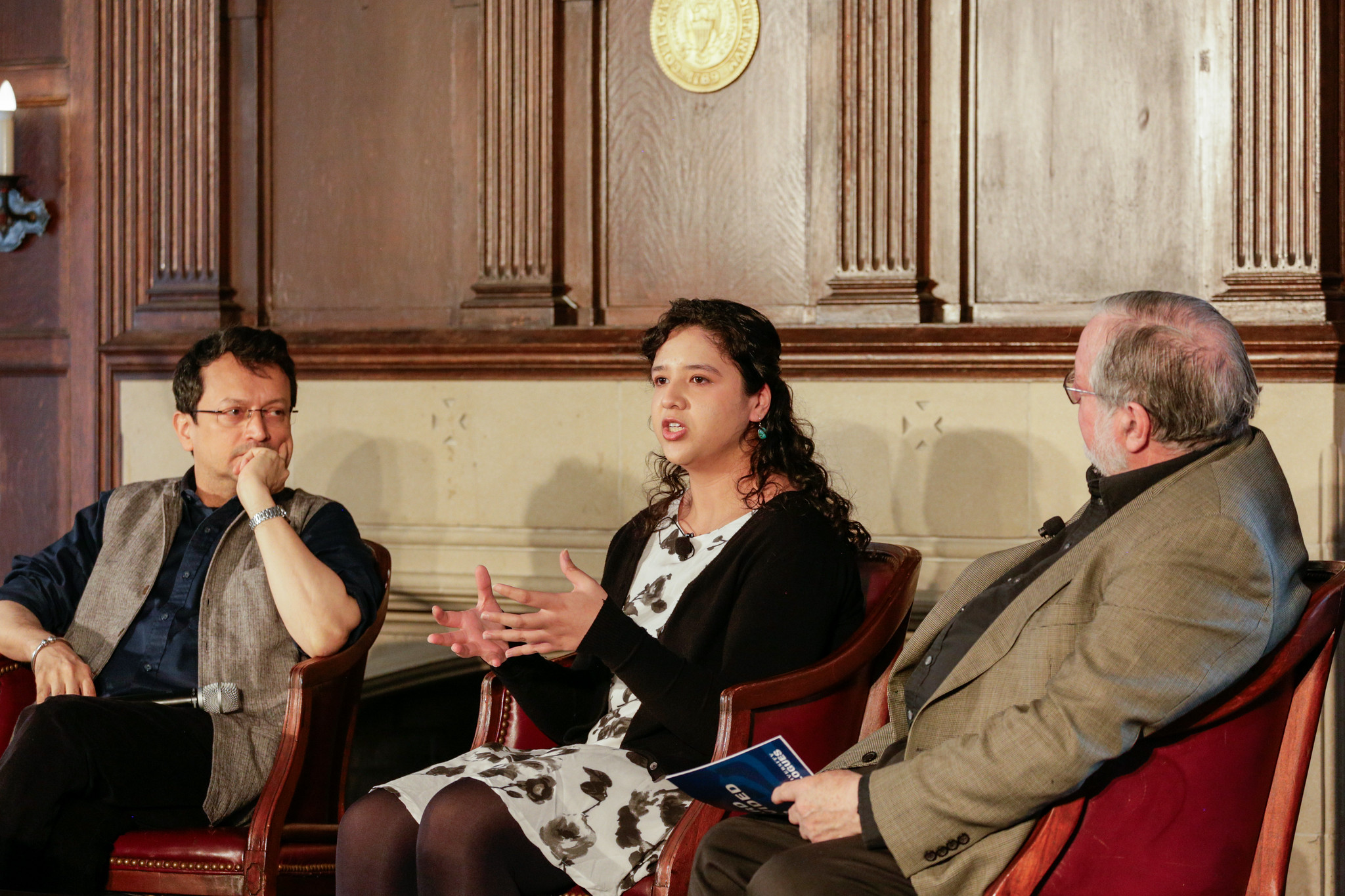 Ranjit Hoskote, Asma Shakeel, and José Casanova address the audience during "Reviving Cosmopolitanism Through a Cultural and Spiritual Turn."