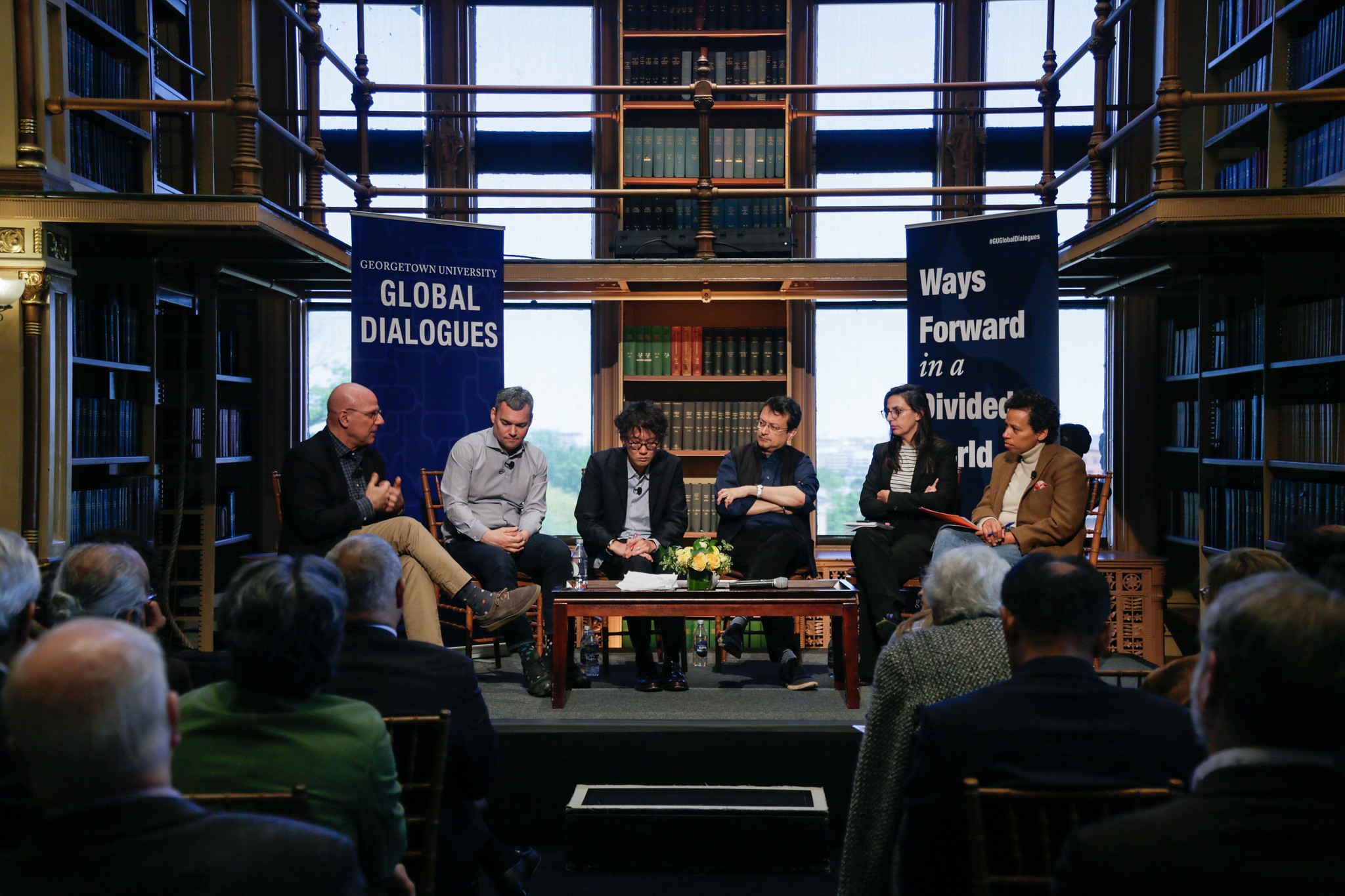 Joel Hellman, Peter Beinart, Kohei Saito, Ranjit Hoskote, Verónica Gago, and Lydia Polgreen speak on a panel during "Fostering Global Solidarities."