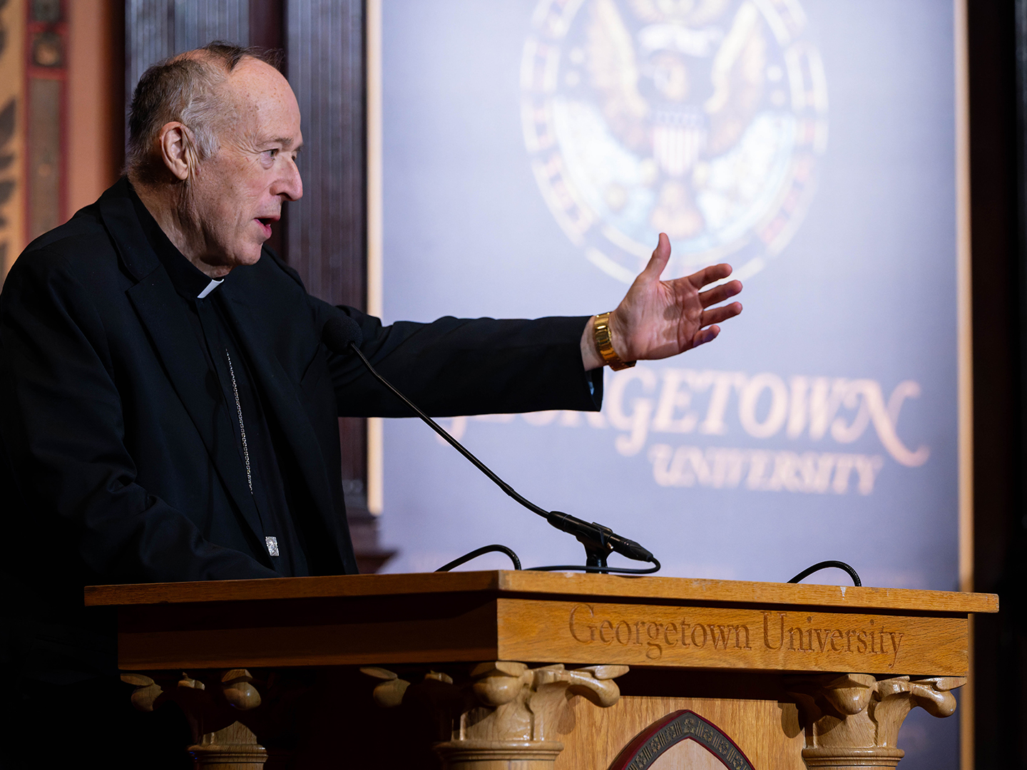 Cardinal Robert McElroy of the Archdiocese of Washington offers the closing prayer, January 21, 2026, in Gaston Hall.