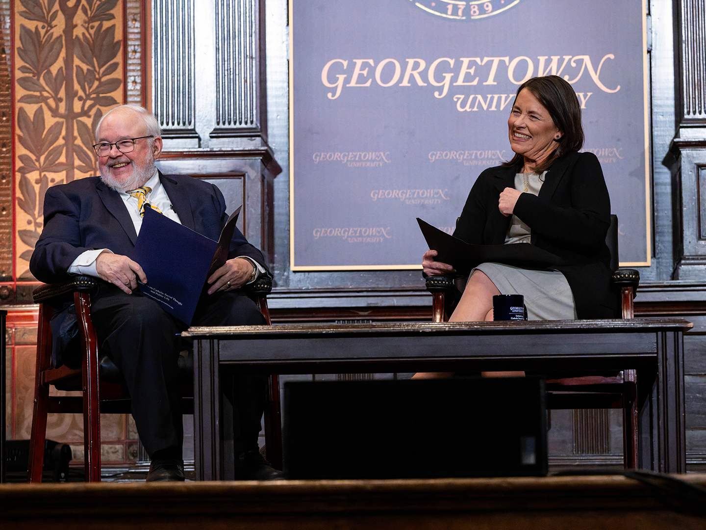Kim Daniels, director of the Initiative on Catholic Social Thought and Public Life, with John Carr, founder of the Initiative on Catholic Social Thought and Public Life.