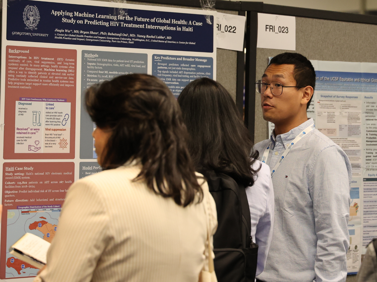 Data Scientist at the Center for Global Health Practice and Impact Jiaqin Wu (G’24), M.S., presented a poster on applying machine learning to predict HIV treatment outcomes in Haiti.
