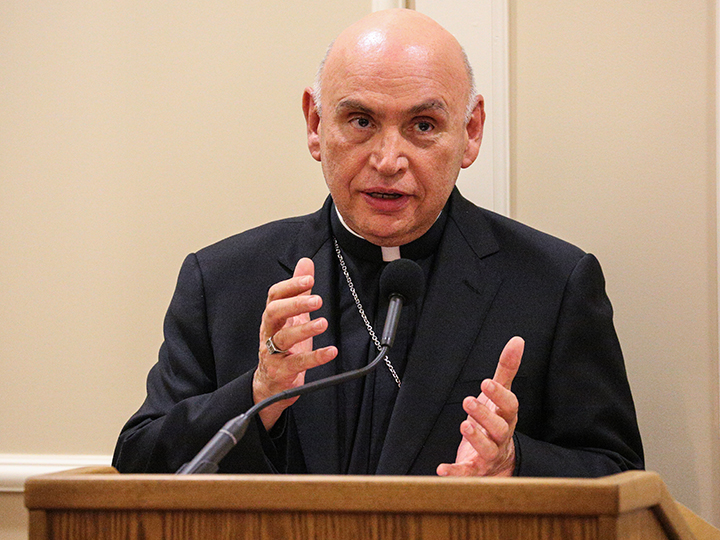 Most Rev. Bishop Dorsonville addresses the crowd at the Latino Leaders event.