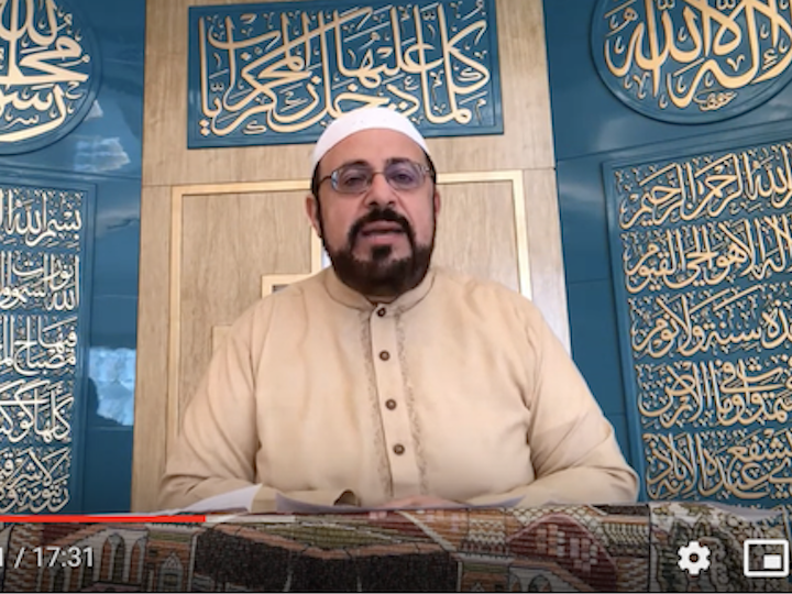 Imam Yahya Hendi, a Muslim chaplain at Georgetown, leads Friday prayer service via YouTube Livestream.
