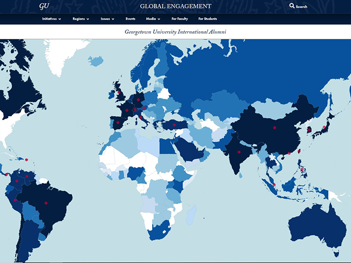 Screenshot of Global Georgetown international alumni map with dots for alumni clubs and shading indicating more alumni