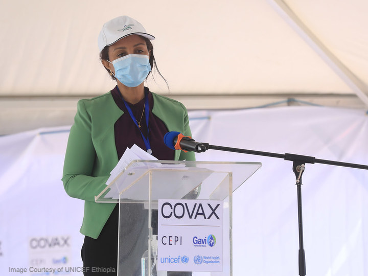 A speaker at the launch of the COVAX program in Addis Ababa, Ethopia
