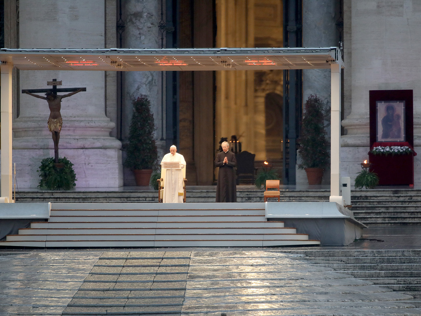 Pope Francis in St. Peter's Square in March 2020 giving his Urbi et Orbi address