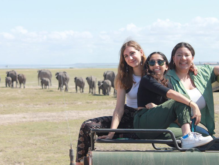 Three GU students on a truck with a herd of elephants in the background