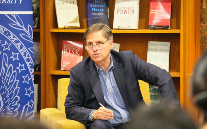 Carlos Felipe Jaramillo, World Bank vice president for LAC, speaks with students and faculty at the McGhee Library.