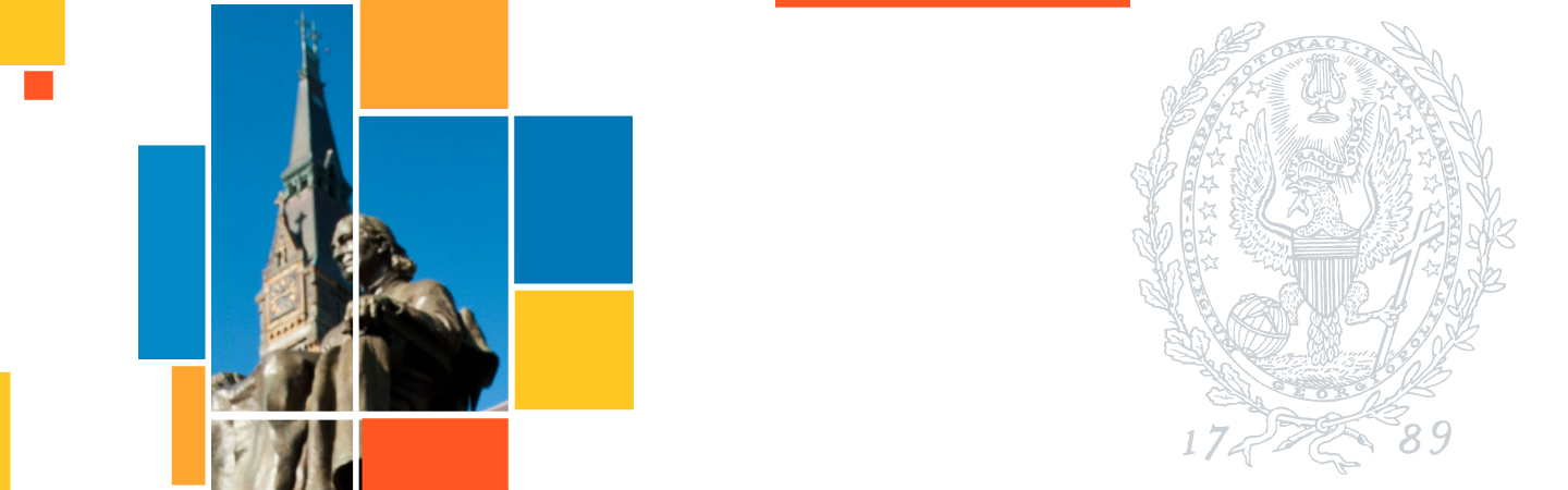 imagen promocional co la estatua de John Caroll y el sello de Georgetown University