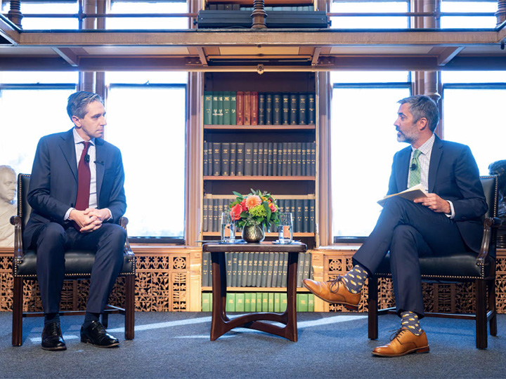 Global Irish Studies Director Cóilín Parsons interviewing Irish Taoiseach Simon Harris in October 2024