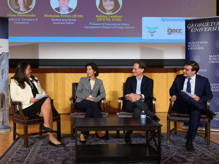 Ashley Lehihan, Gina Raimondo, Joe Baratta, and Nick Errico at a panel discussion