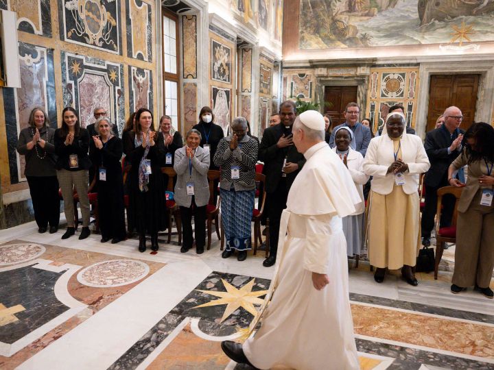 Pope Leo greets participants of From Crisis to Care: Catholic Action for Children at the Vatican.