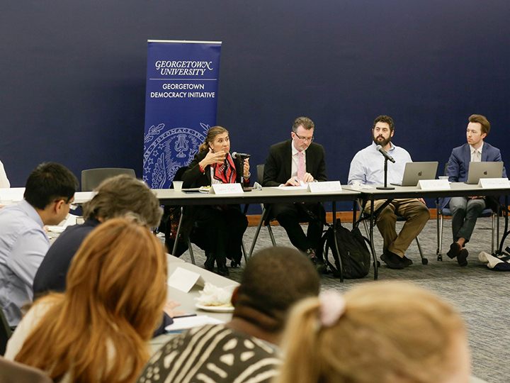 Gabriela Ramos, Dewey Murdick, Will Fleisher, and Matthew Hamilton discussing AI and democracy