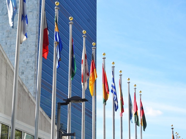 Flags in front of the United Nations.