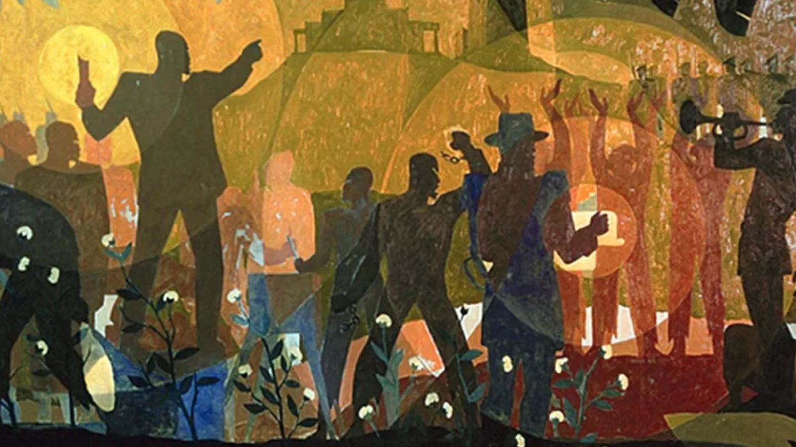 Painting titled "Aspects of Negro Life: From Slavery to Reconstruction," by Aaron Douglas, 1934.