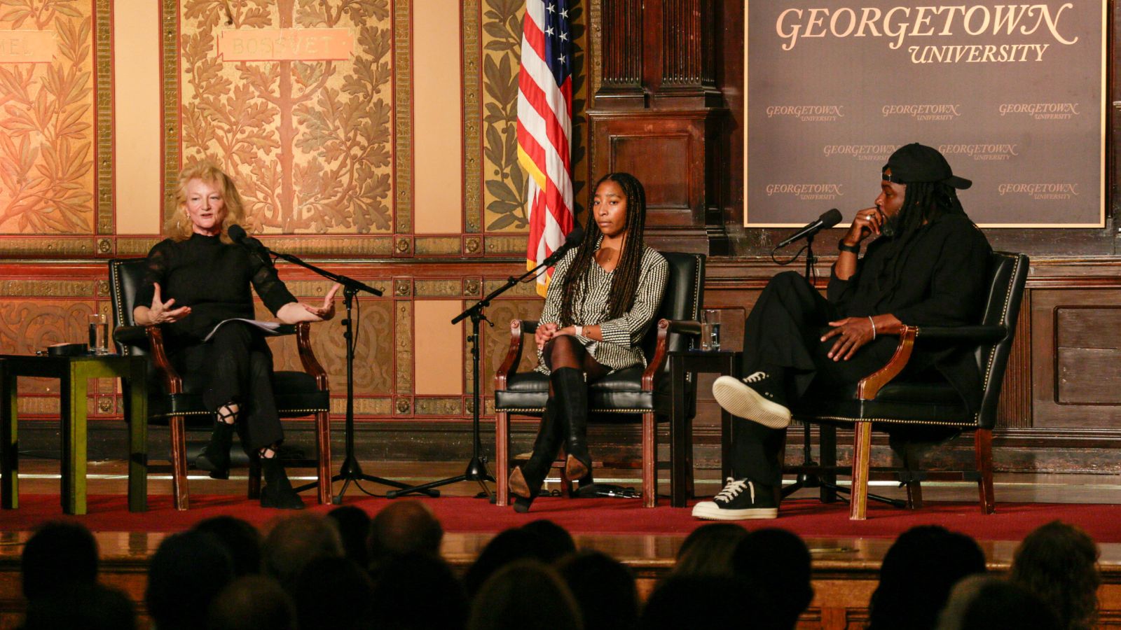 On Being host Krista Tippett, MacArthur “Genius” Jason Reynolds, and Georgetown University student organizer Kessley Janvier (C'25)