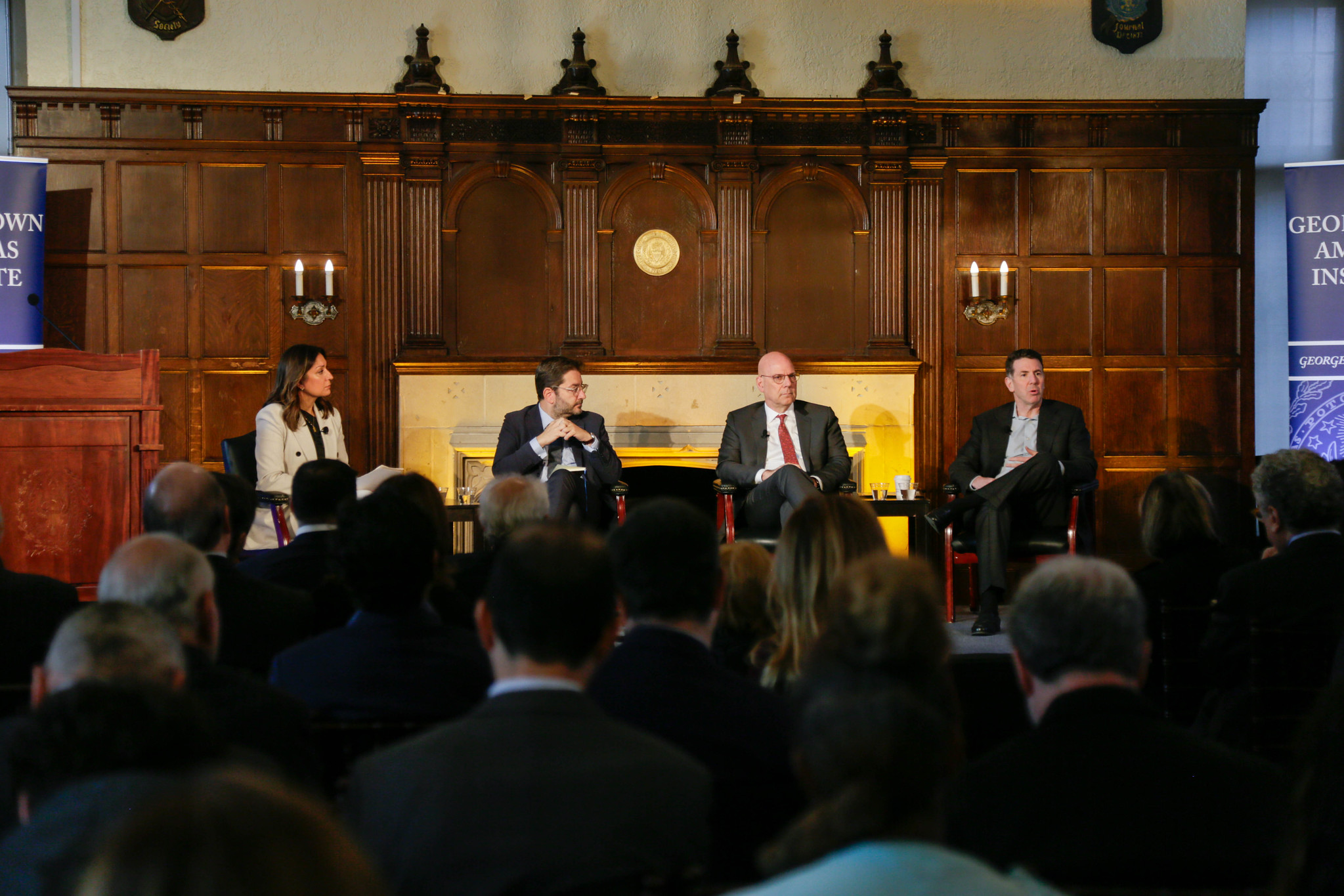 L-R: Amna Nawaz, Manuel Muñiz, Joel Hellman, Daniel Byman
