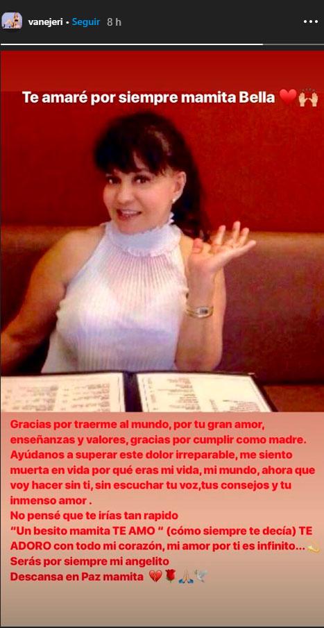 Vanessa Jerí publica mensaje en Instagram tras fallecimiento de su madre Vanessa Jerí publica mensaje en Instagram tras fallecimiento de su madre