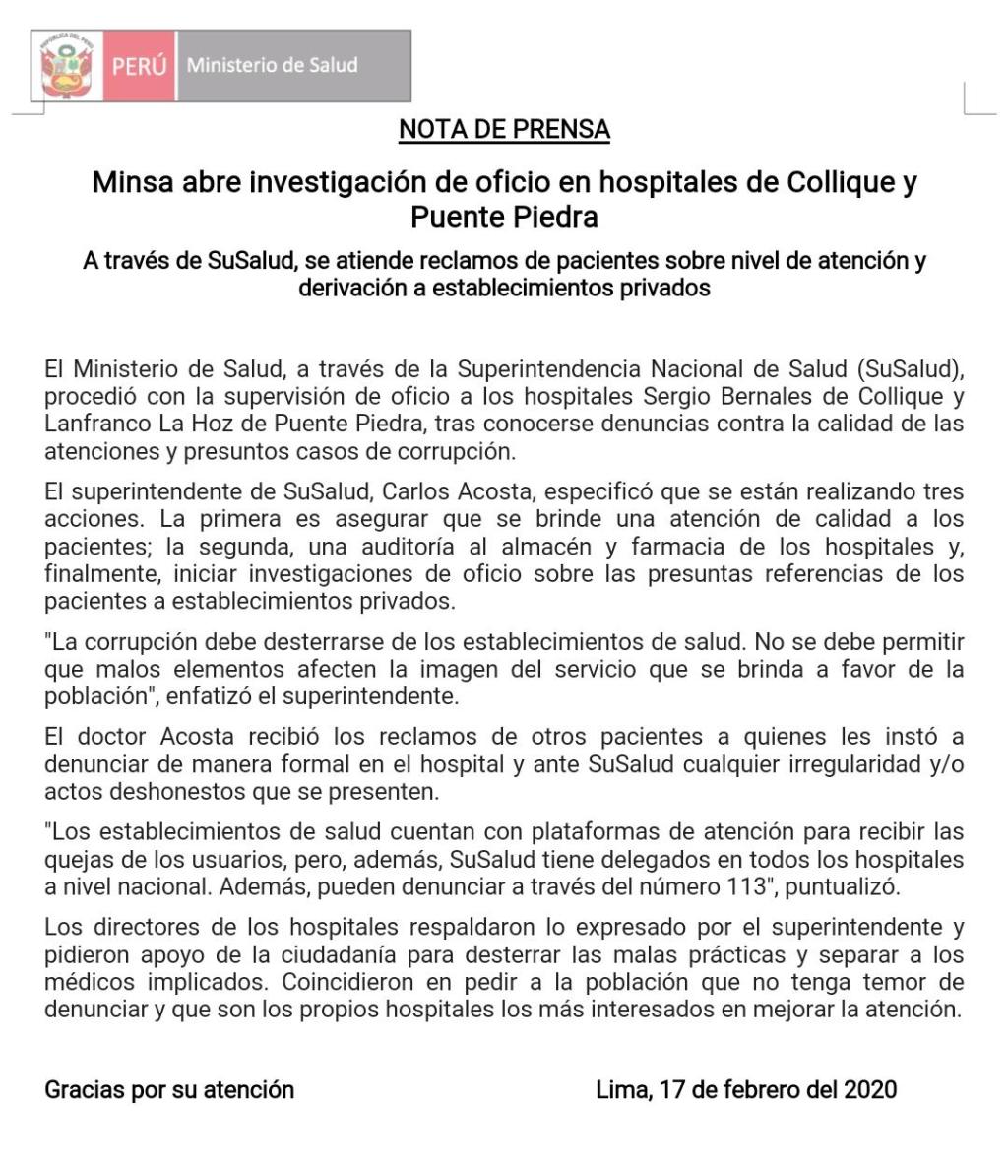 Comunicado del Ministerio de Salud apuntando a investigar los actos de corrupción en ambos hospitales. Comunicado del Ministerio de Salud apuntando a investigar los actos de corrupción en ambos hospitales.