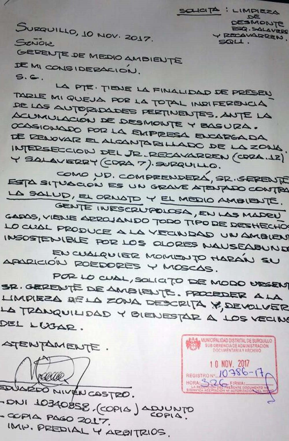 Carta a las autoridades municipales de Surquillo.