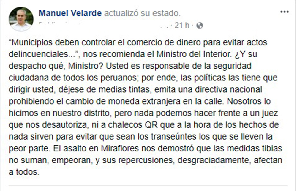 Mensaje mediante Twitter del alcalde de San Isidrdo, Manuel Velarde.
