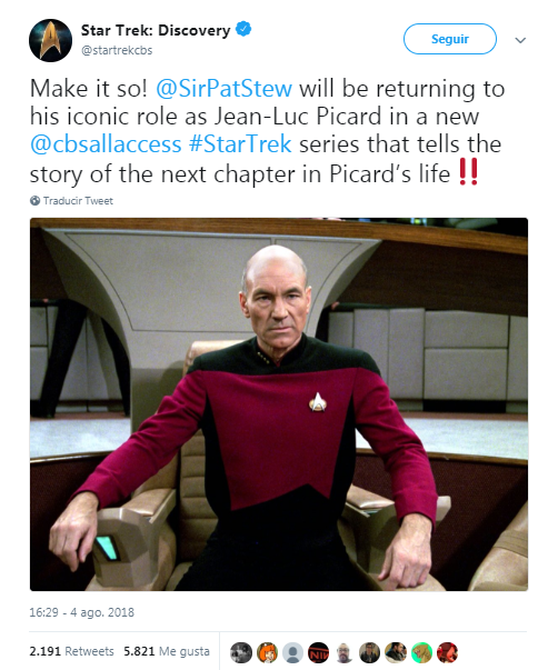 Instagram: Patrick Stewart regresa a Star Trek Discovery con el papel ...