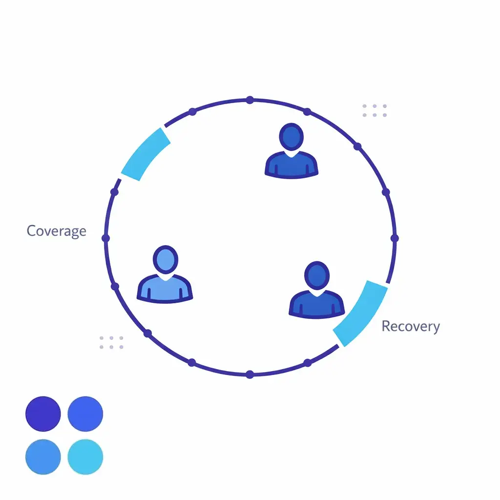 A simple clock and people icons show continuous coverage balanced by protected rest blocks.