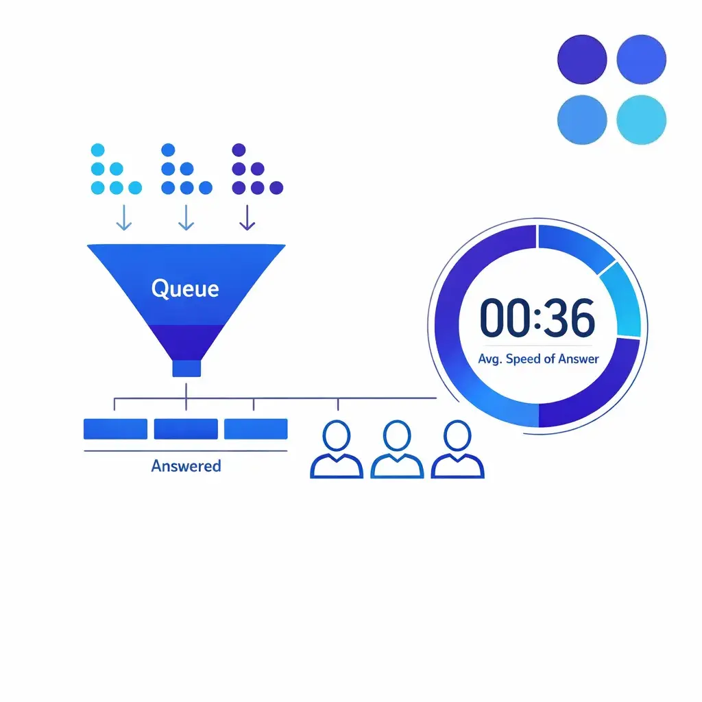A clean dashboard-style illustration shows callers moving through a queue to agents with a highlighted average answer time.