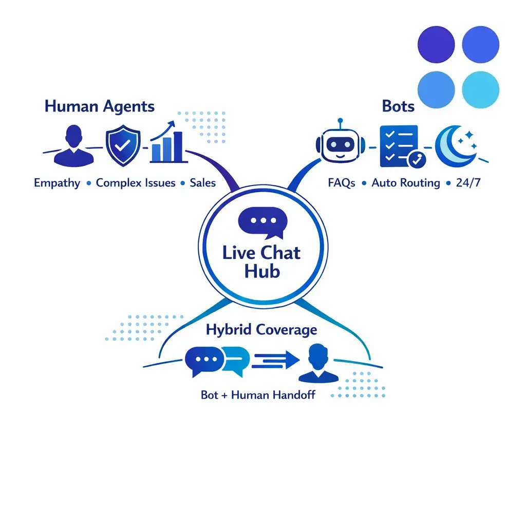 Minimal decision diagram showing when enterprise teams should use agents, bots, or hybrid live chat coverage.