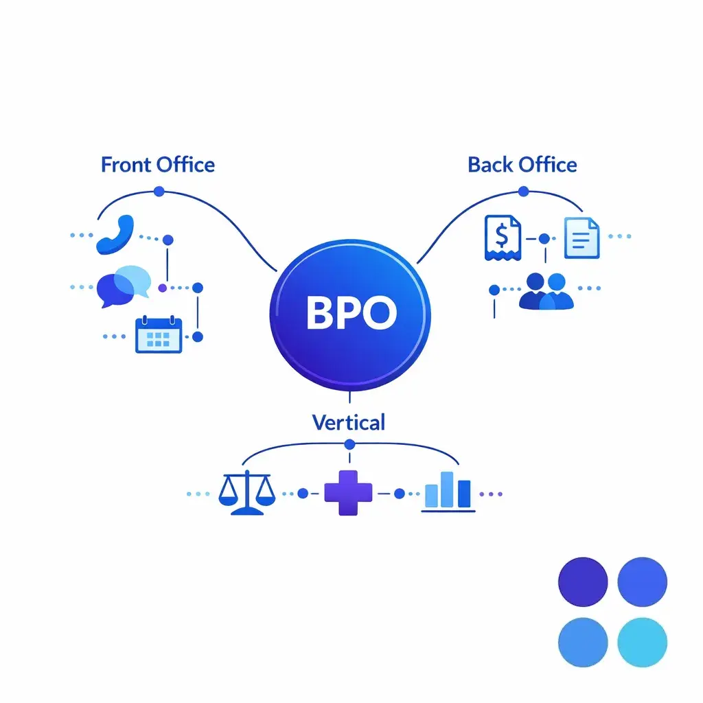 A central hub connects front office, back office, and specialized BPO workflows in a clean diagram.