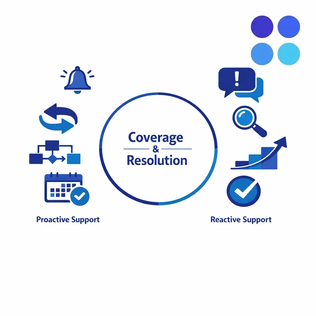 A central split diagram contrasts proactive prevention with reactive resolution using clean enterprise icons.