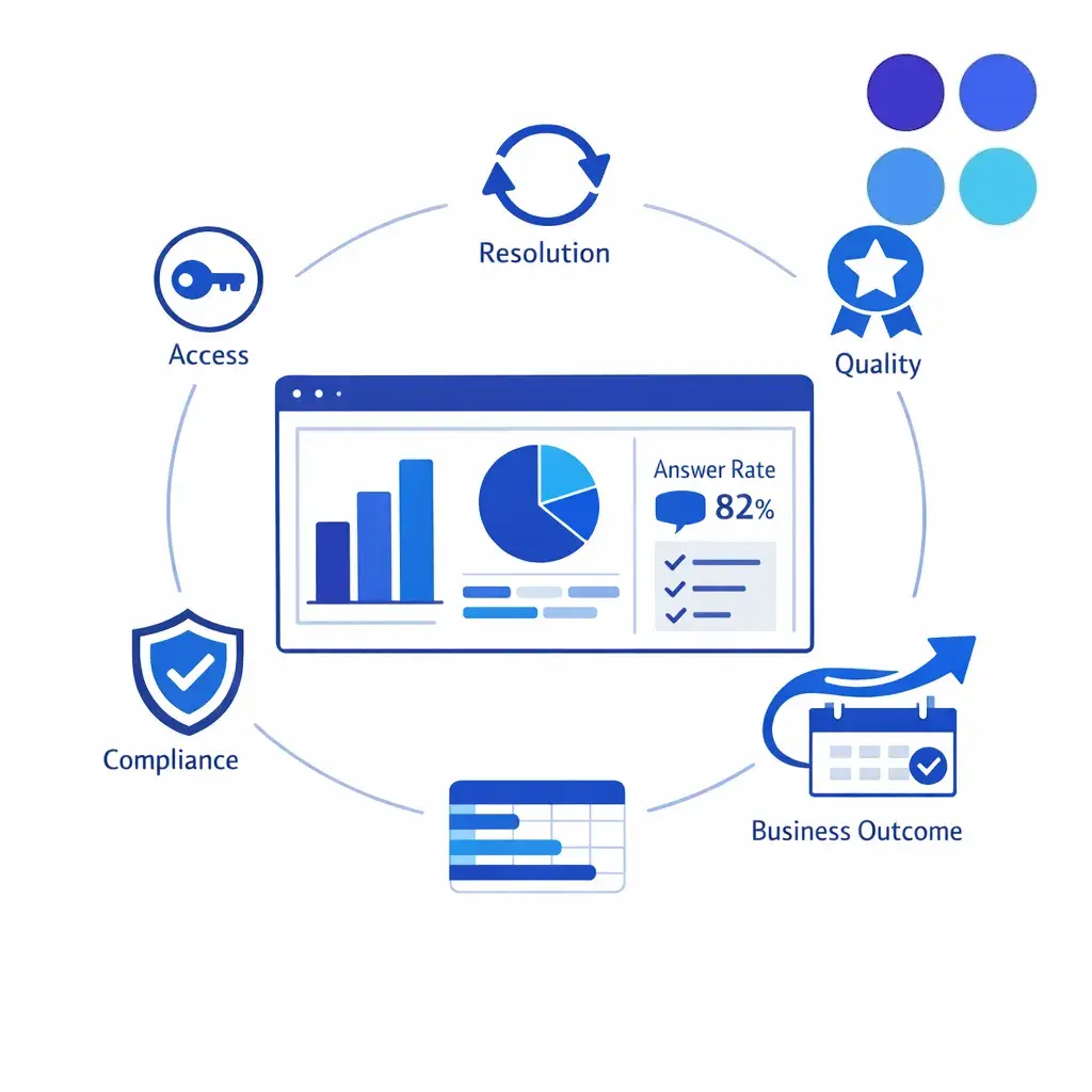 A central enterprise KPI dashboard balances access, quality, compliance, resolution, and conversion on a clean white background.