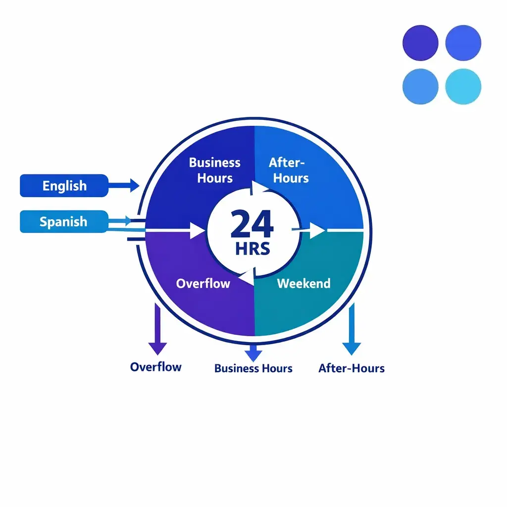 A central 24-hour coverage diagram shows English and Spanish support spanning business hours, nights, and overflow.