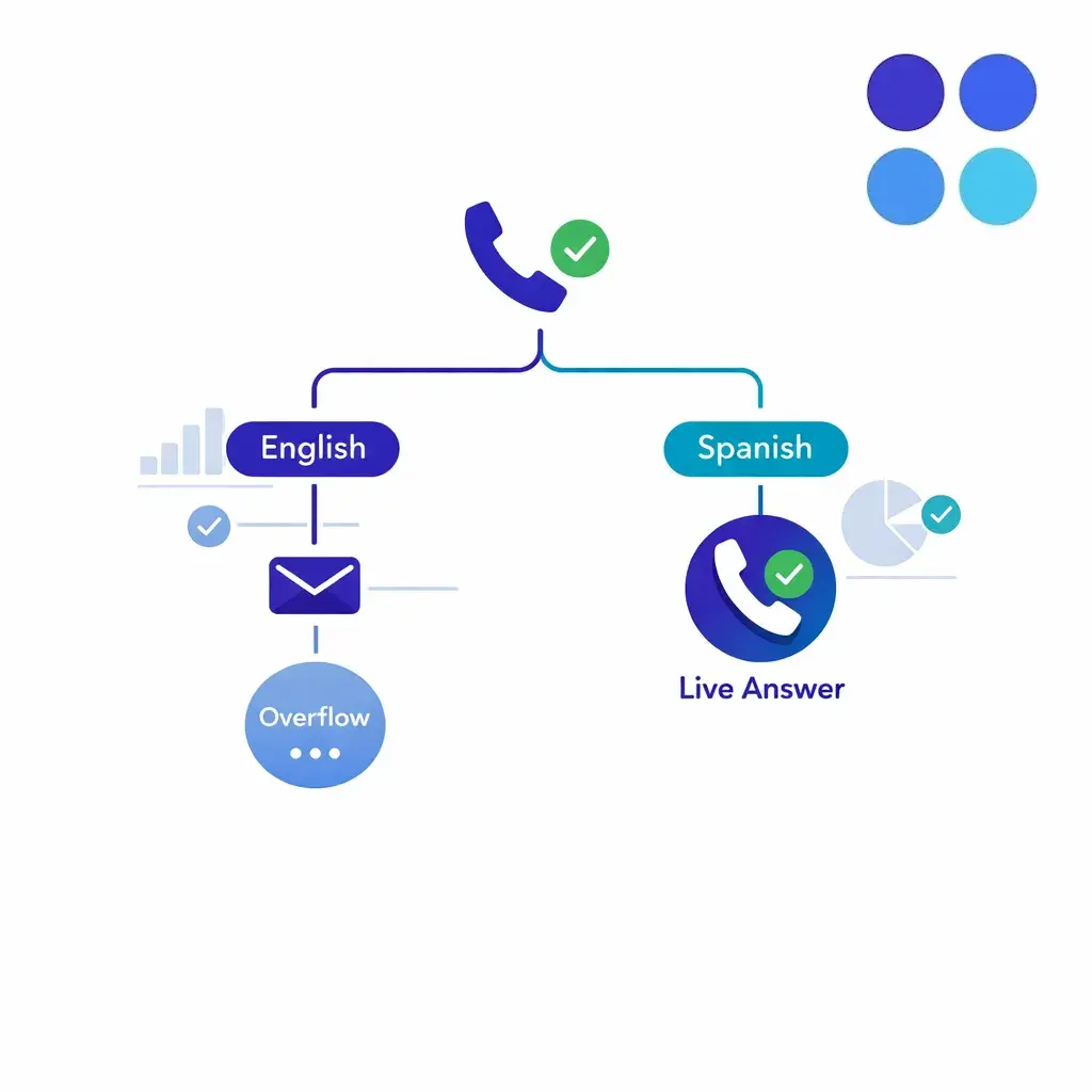 A central phone flow shows Spanish callers reaching live bilingual support instead of voicemail or English-only overflow.