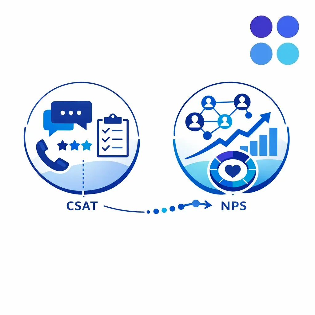 A clean split illustration contrasts CSAT for daily support decisions with NPS for long-term loyalty tracking.