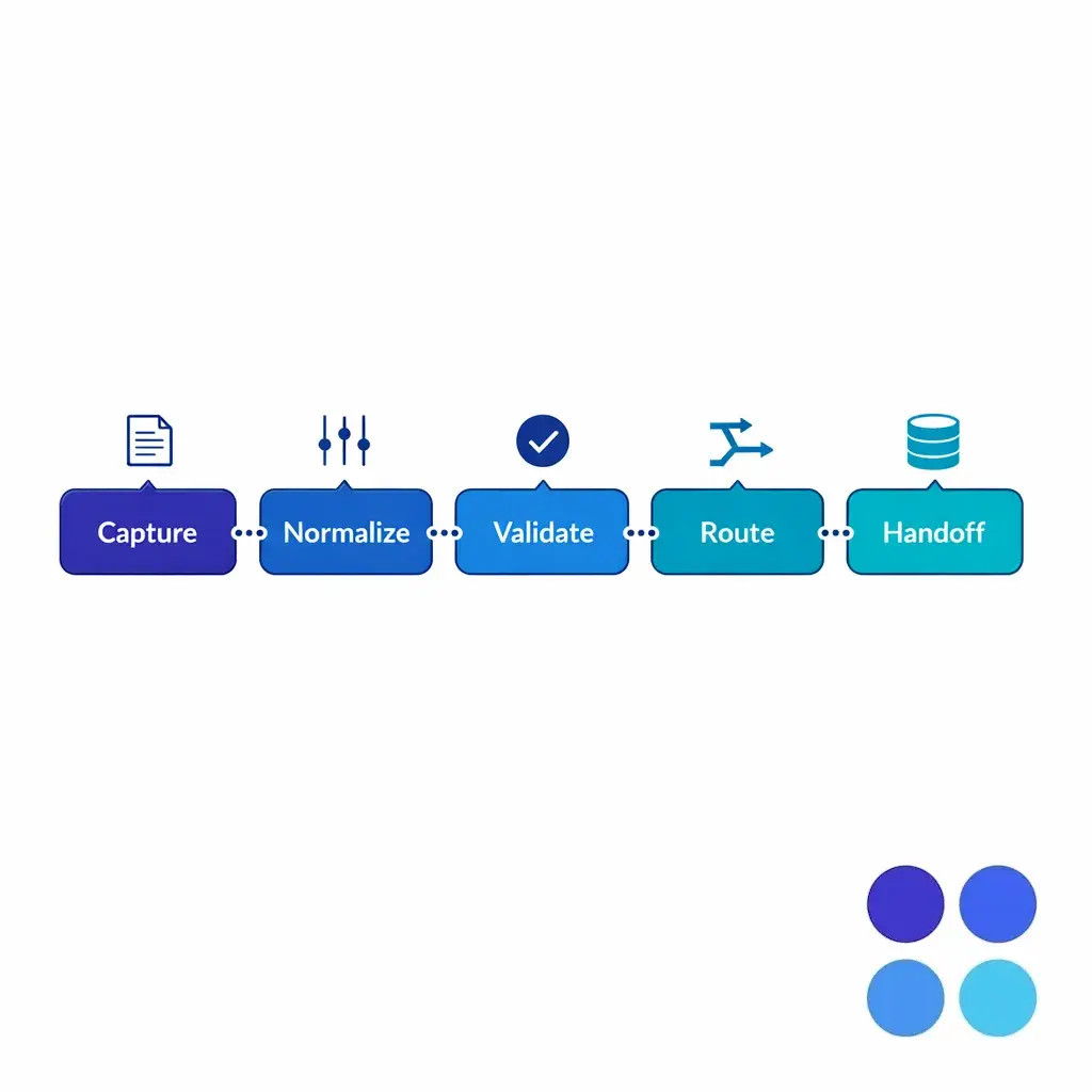 A five-step pipeline diagram shows Capture, Normalize, Validate, Route, and Handoff in a clean flow.