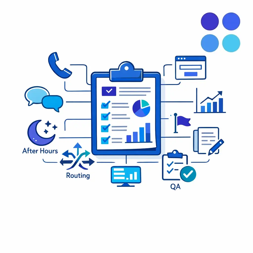 A central audit dashboard illustration shows channels, metrics, and process checks arranged in a clean blue system map.