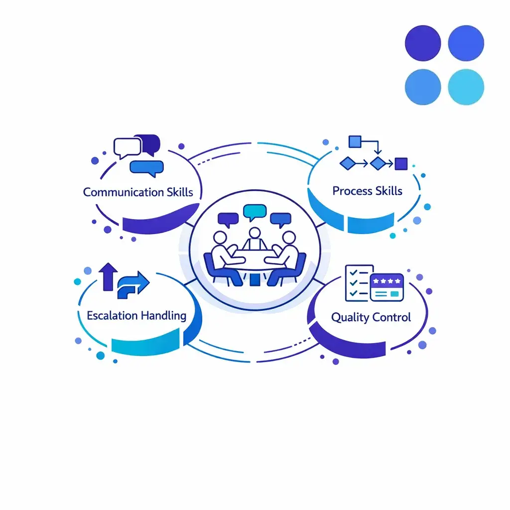 Central coaching dashboard with QA, escalation, and team huddle icons arranged in a clean blue radial layout.