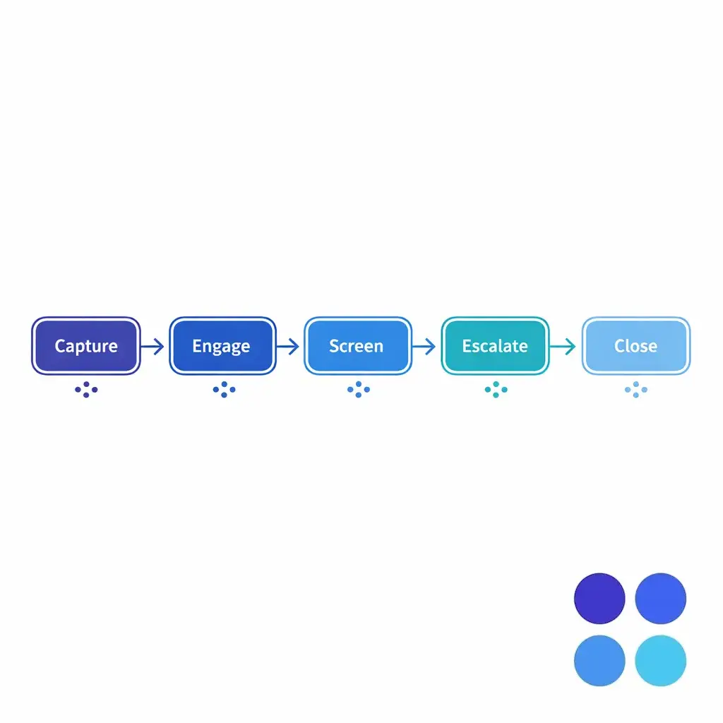 A clean flow diagram shows the five intake stages from capture to close with clear handoffs.