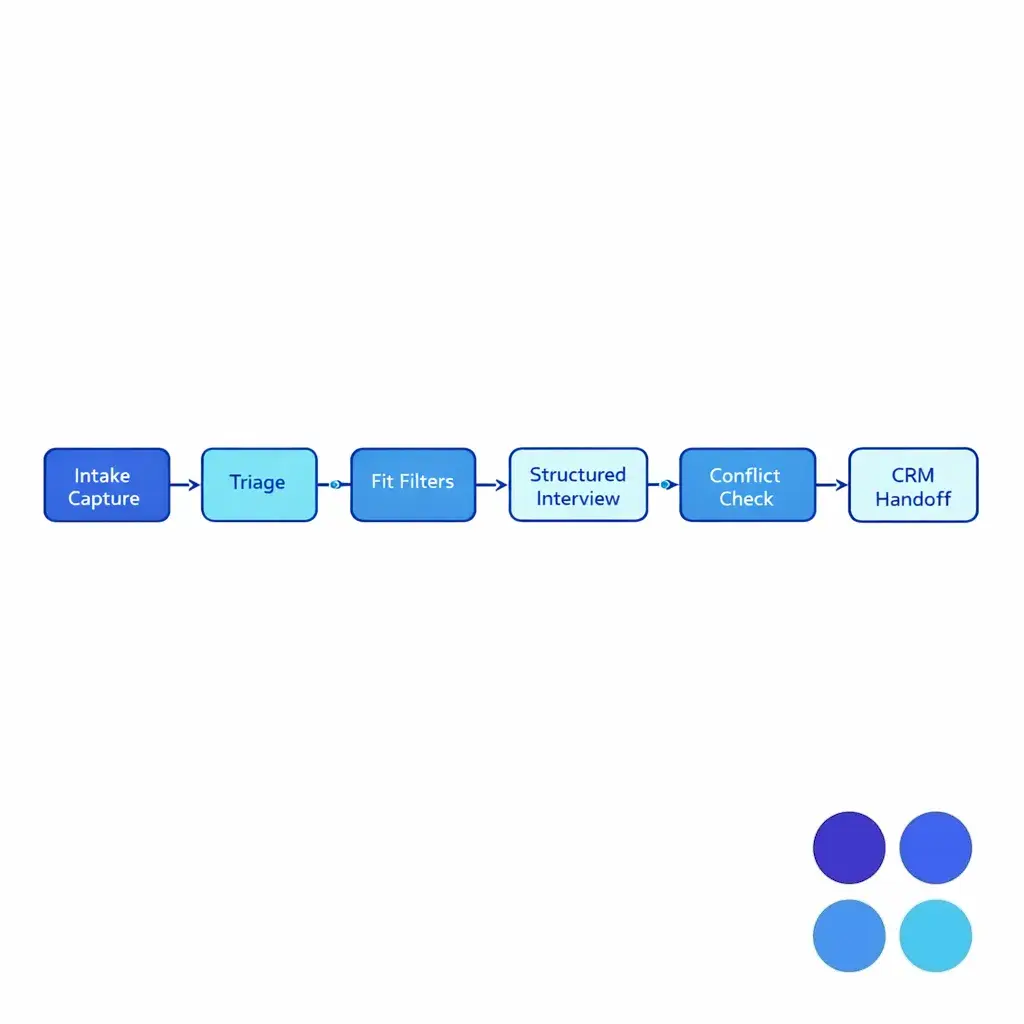 A clean flowchart showing intake, qualification, conflict check, and CRM handoff as connected steps.